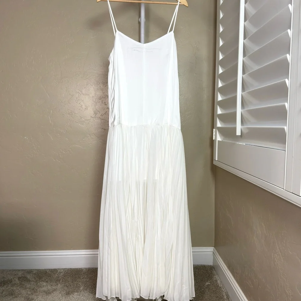 Commense White Pleated Chiffon Maxi Dress Satin Bodice Semi Sheer Small NWT - Picture 4 of 10